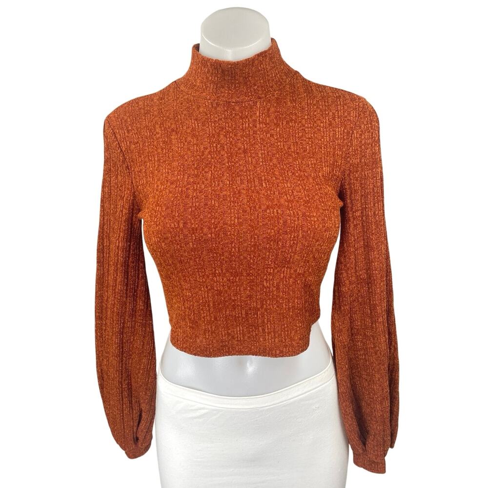 Hyfve Rust Brown Turtleneck Long Balloon Sleeve Knit Cropped Sweater Top Size S
